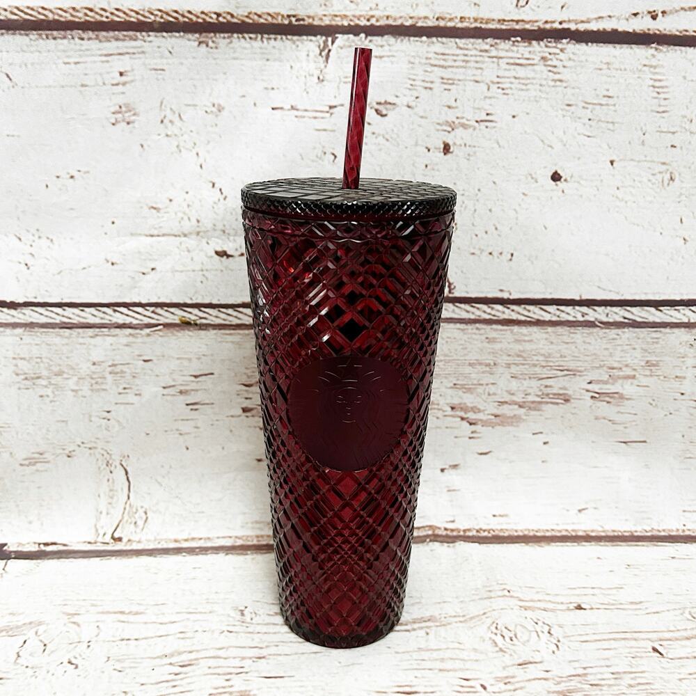 STARBUCKS Burgundy Red Jeweled Grid Venti Tumbler 24oz